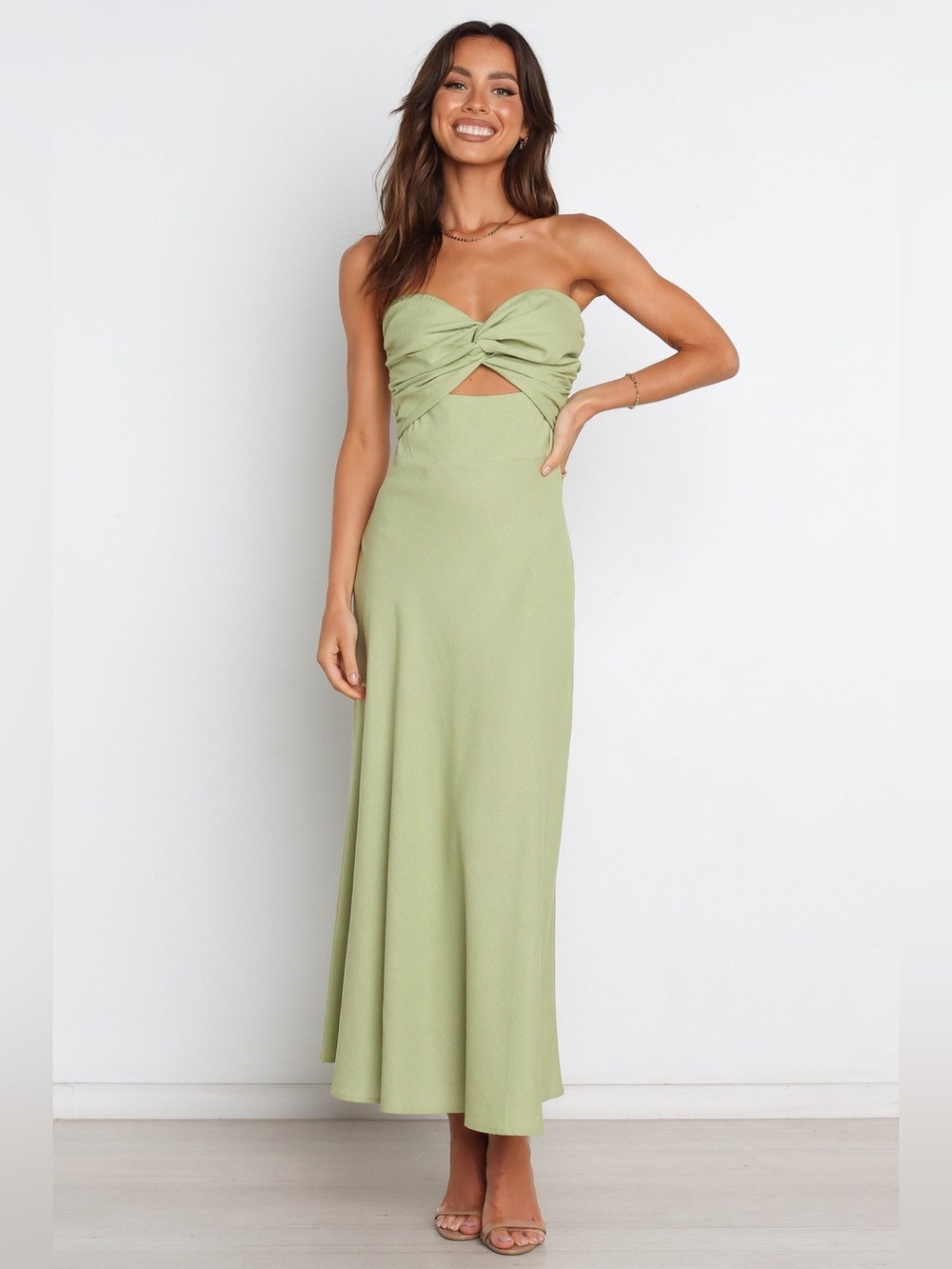 Petal + Pup Rosetta Strapless Cutout Dress in Olive, size US 10 / AU 14.